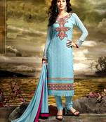 Blue embroidered bamberg semi stitched salwar with dupatta