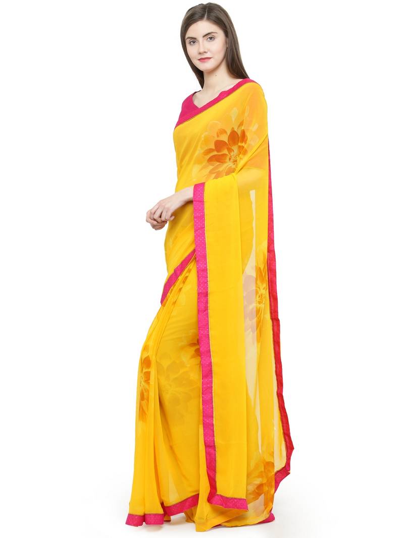 Yellow Georgette Embellished Saree With Blouse