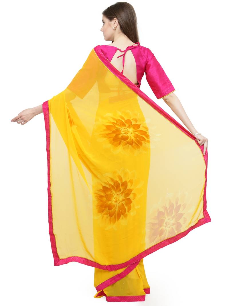 Yellow Georgette Embellished Saree With Blouse