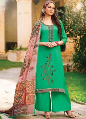 Parrot Green Resham Embroidery Lawn Semi Stitched Salwar With Dupatta 1