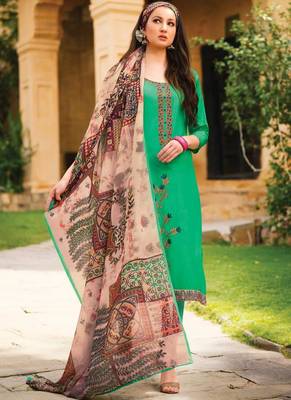 Parrot Green Resham Embroidery Lawn Semi Stitched Salwar With Dupatta 2