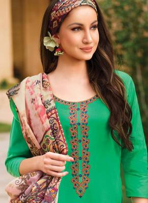 Parrot Green Resham Embroidery Lawn Semi Stitched Salwar With Dupatta 3