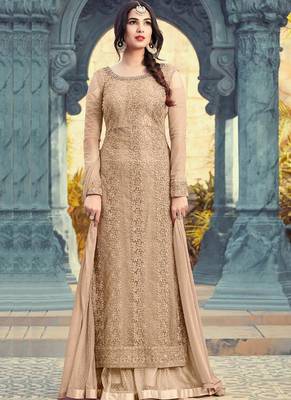 beige embroidered net semi stitched salwar with dupatta 1