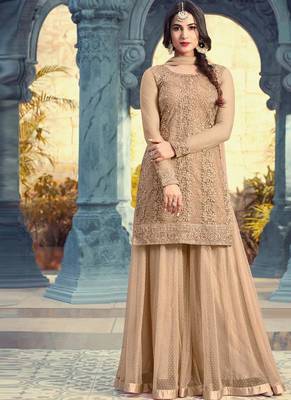 beige embroidered net semi stitched salwar with dupatta 2