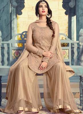 beige embroidered net semi stitched salwar with dupatta 3