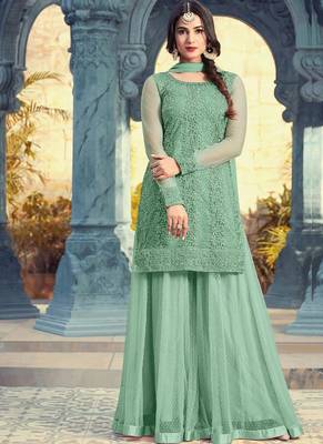 Sky Blue Embroidered Net Semi Stitched Salwar With Dupatta 1