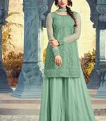 Sky Blue Embroidered Net Semi Stitched Salwar With Dupatta