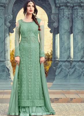 Sky Blue Embroidered Net Semi Stitched Salwar With Dupatta 2
