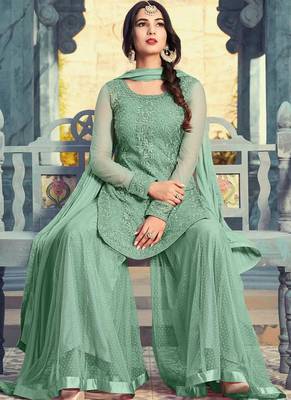 Sky Blue Embroidered Net Semi Stitched Salwar With Dupatta 3