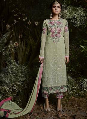 Lime Embroidered Georgette Semi Stitched Salwar With Dupatta 1