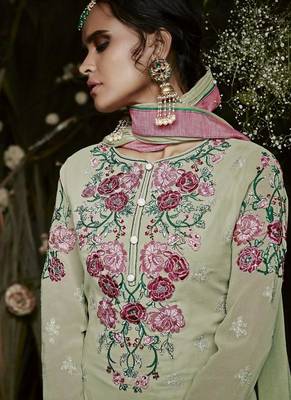 Lime Embroidered Georgette Semi Stitched Salwar With Dupatta 2