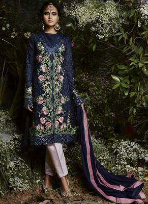 blue embroidered georgette semi stitched salwar with dupatta 1