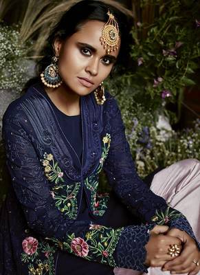 blue embroidered georgette semi stitched salwar with dupatta 2