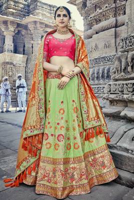 Parrot-green embroidered silk semi stitched lehenga 1