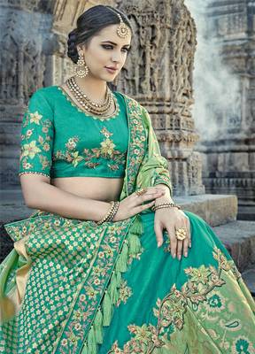 Teal embroidered silk semi stitched lehenga 2