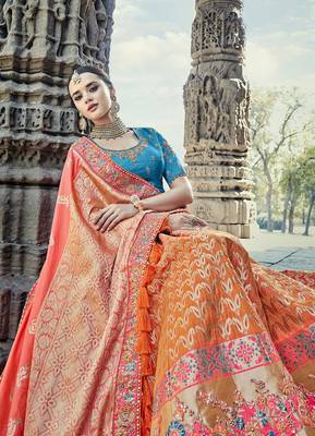 Orange embroidered silk semi stitched lehenga 3