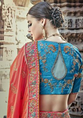 Orange embroidered silk semi stitched lehenga 4