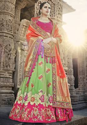 Parrot-green embroidered silk semi stitched lehenga 1