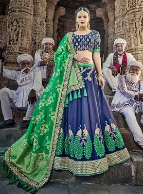 Navy-blue embroidered silk semi stitched lehenga 1