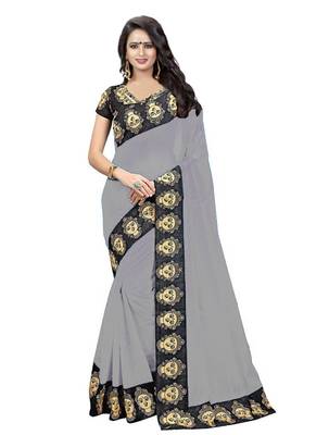 Grey printed chanderi saree with blouse 1