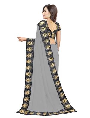 Grey printed chanderi saree with blouse 2