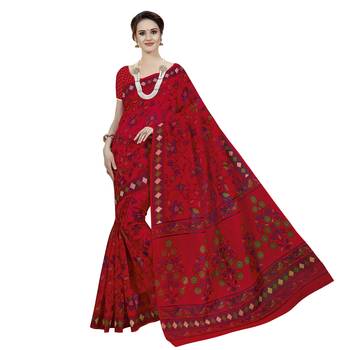 Blood red printed cotton saree with blouse 1