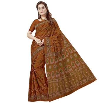 Light brown printed cotton saree with blouse 1