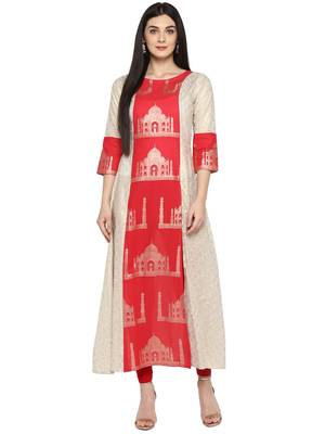 Beige printed cotton kurta 1