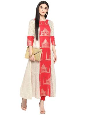 Beige printed cotton kurta 2