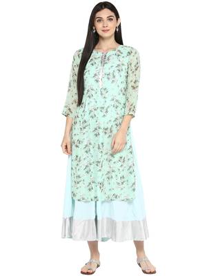 Sea-green printed georgette kurta 1
