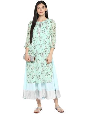 Sea-green printed georgette kurta 2