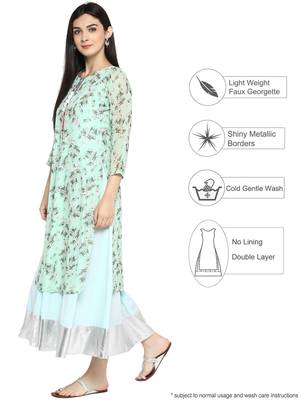 Sea-green printed georgette kurta 4