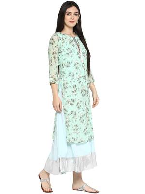 Sea-green printed georgette kurta 5