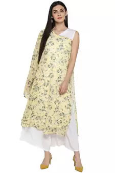 Light-yellow printed georgette kurta