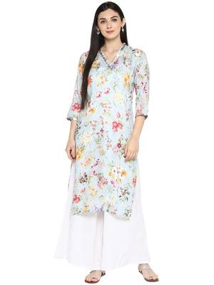 Sky-blue printed polyester kurta 1