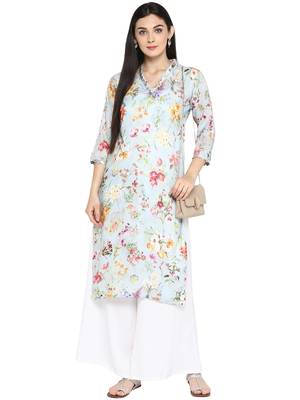 Sky-blue printed polyester kurta 2