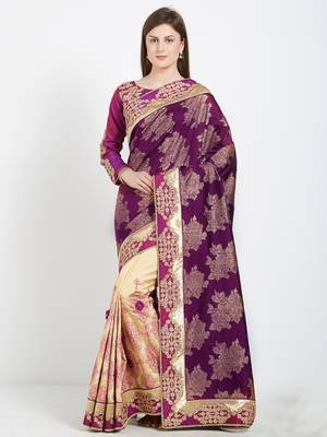 Dark magenta and beige color silk jacquard and lycra saree with blouse 1