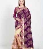 Dark magenta and beige color silk jacquard and lycra saree with blouse