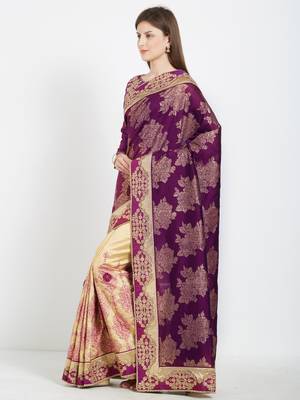 Dark magenta and beige color silk jacquard and lycra saree with blouse 2