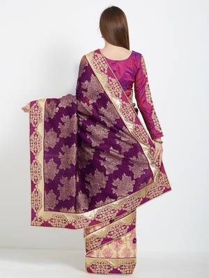 Dark magenta and beige color silk jacquard and lycra saree with blouse 3