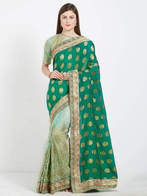 Green color lycra and silk saree with blouse 1