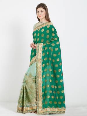 Green color lycra and silk saree with blouse 2