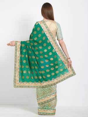 Green color lycra and silk saree with blouse 3