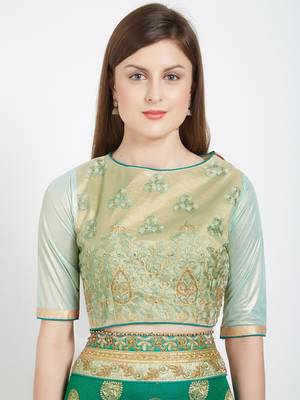 Green color lycra and silk saree with blouse 4