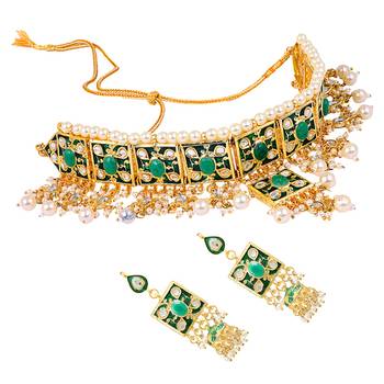 Green Brass Kundan Work Choker Necklace Set 1