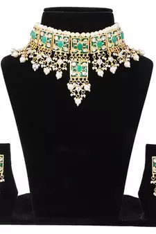 Green Brass Kundan Work Choker Necklace Set