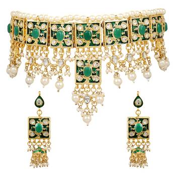 Green Brass Kundan Work Choker Necklace Set 3