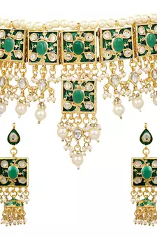 Green Brass Kundan Work Choker Necklace Set