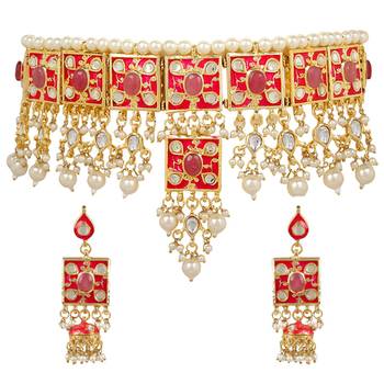 Red kundan rose gold necklace sets 3