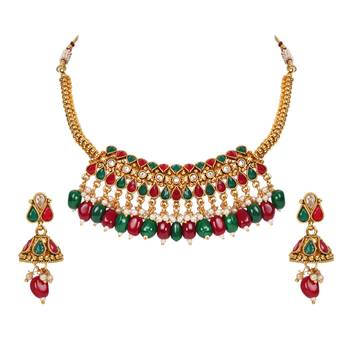 khetlazee Multi color gold plated copper necklace studded with ad stones for women and girls 1